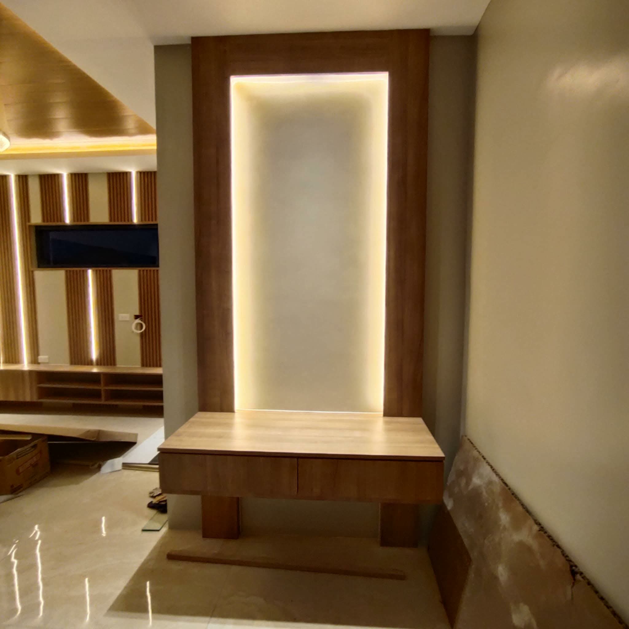 Blue kitchen with white backsplash